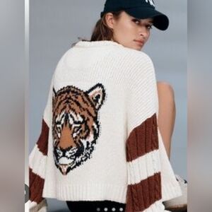 Pilcro Cream and Brown Tiger Face Sweater